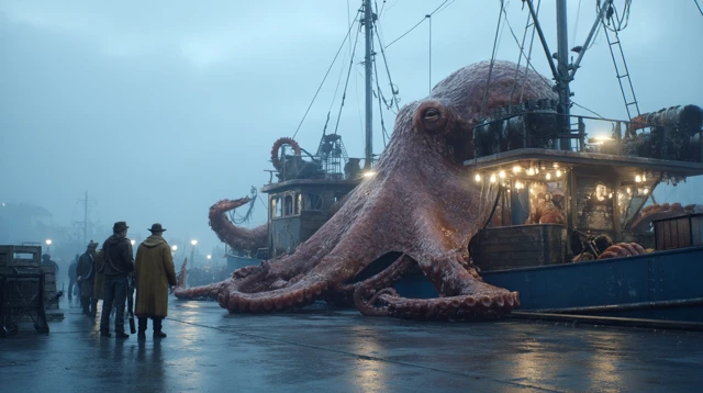 Giant Octopus on Fishing Boat Foggy Dockside Scene