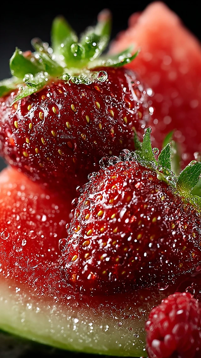 Fresh Strawberries and Melon on Black Background