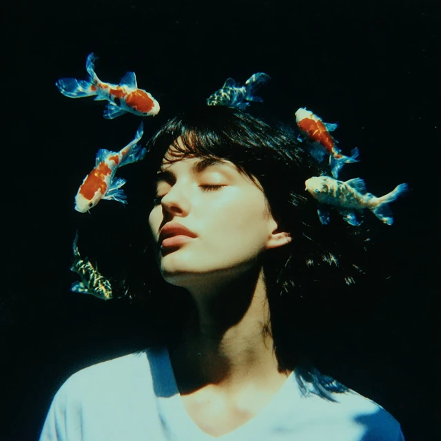 Serene Woman with Koi Fish Dreamlike Art