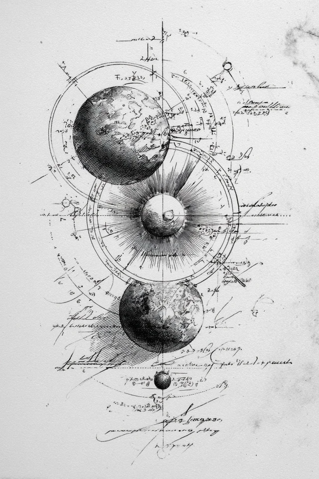 Vintage Scientific Sketch: Earth, Sun, and Mars