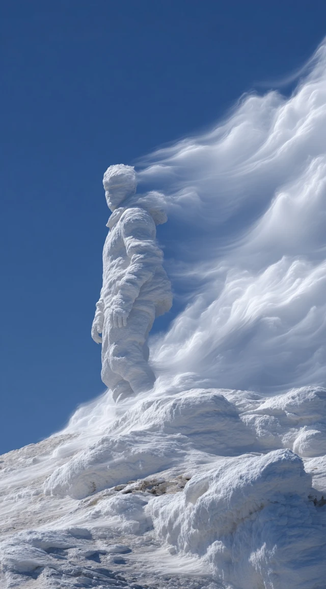 Cloud Ice Man Sculpture on Mountain Top