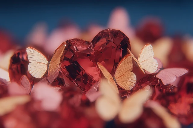Crystal Butterflies Around Ruby Heart 3D Rendered