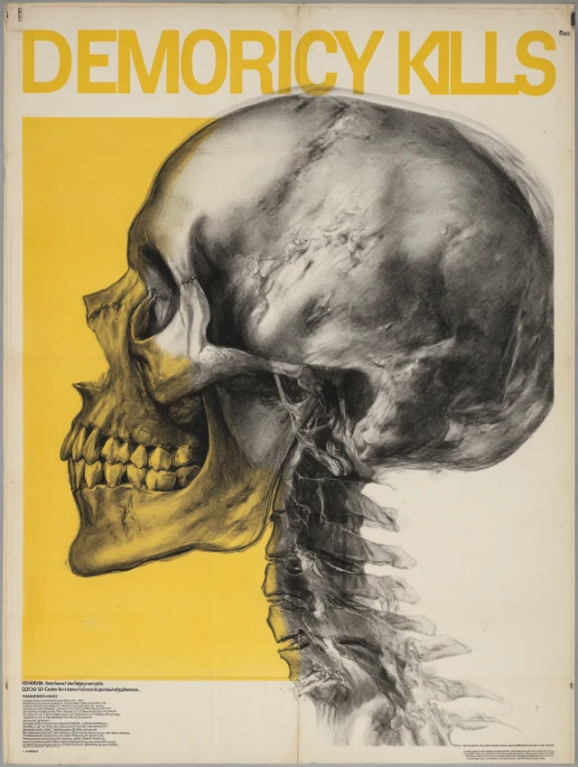 Democracy Kills Satirical Poster XRay Skull 70s