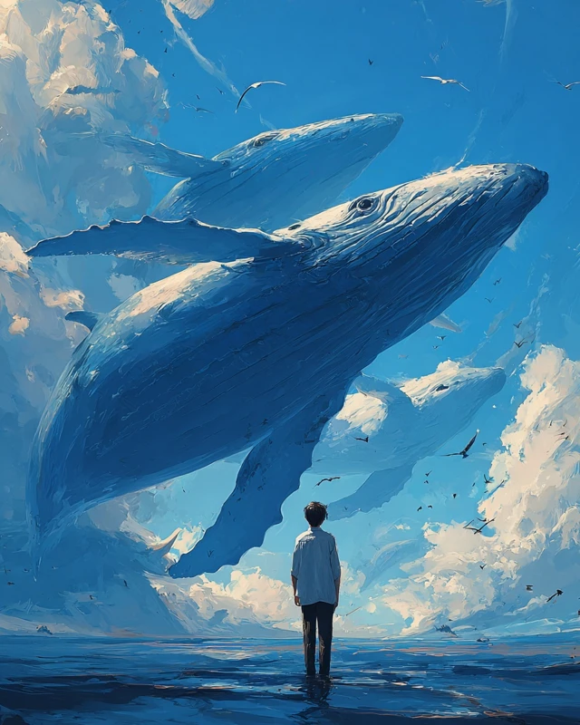 Whales in the Sky Dreamlike Anime Artwork