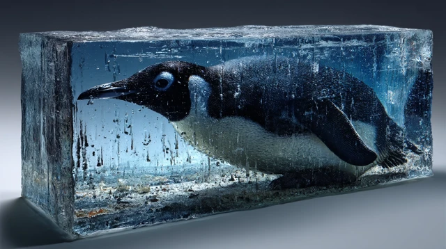 Penguin Frozen in Ice Photorealistic Wide Angle