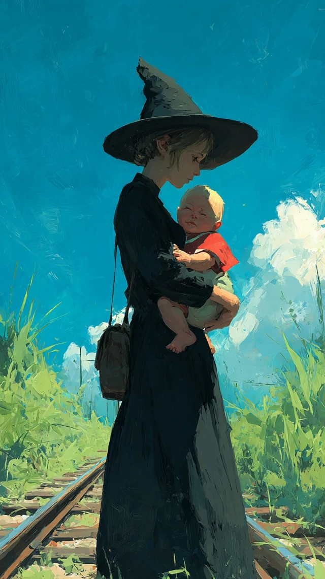 Witch and Baby Painting on Train Tracks