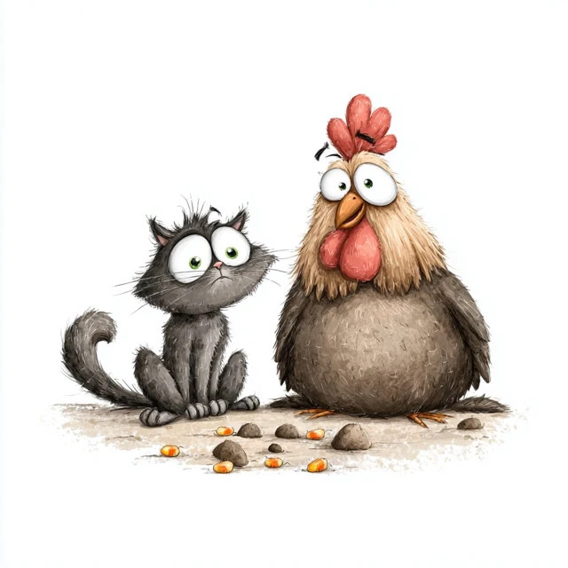 Cat and Rooster Friends Cartoon Illustration