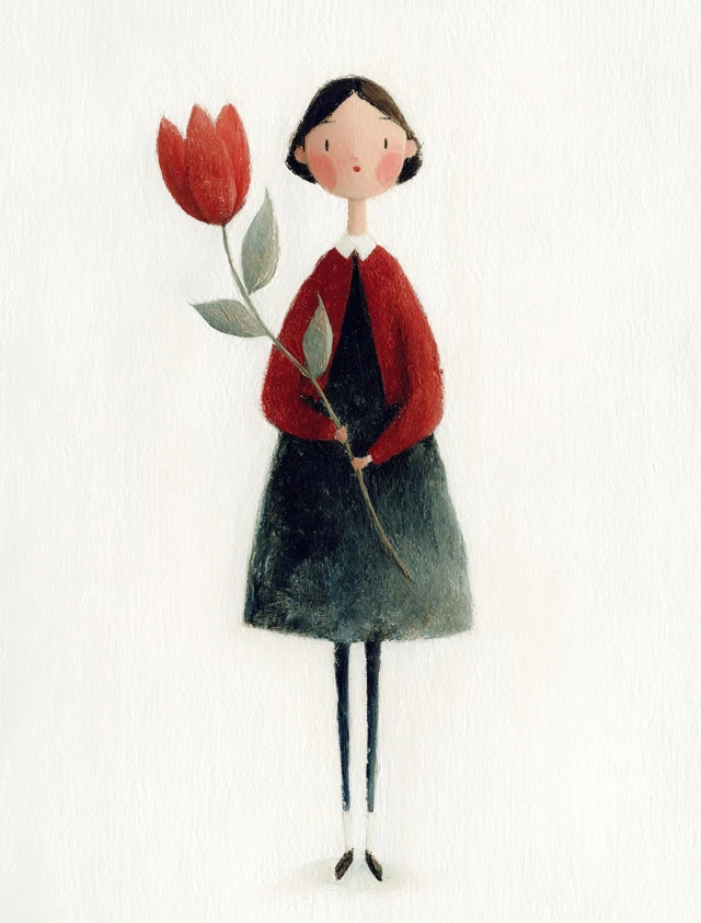 Girl Holding Tulip Watercolor Illustration