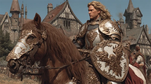 Heroic Knight In Golden Armor Burning Village