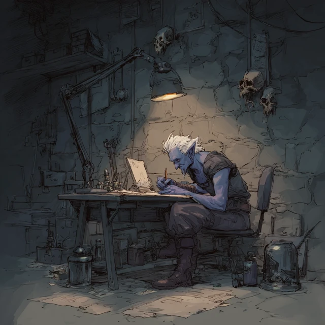 Drow Criminal at His Desk Fantasy Illustration