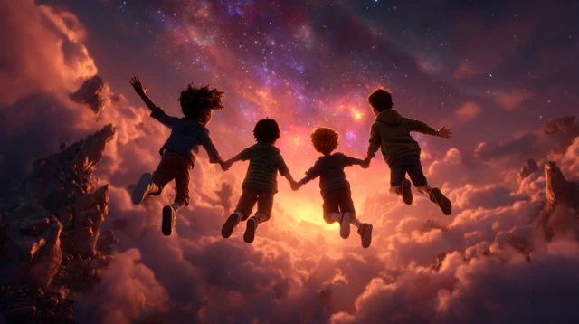Children Floating in Space Dreamlike Cinematic Scene