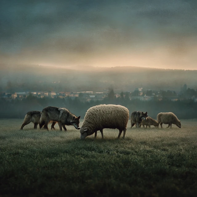 Sheep Surrounded by Wolves Evening Scene
