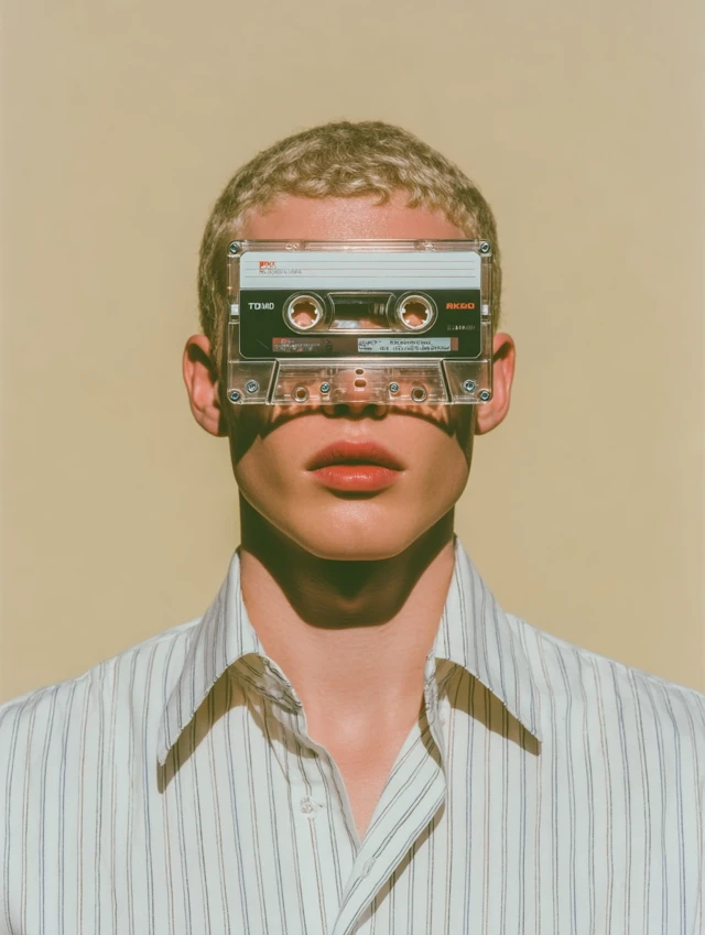 Man with Cassette Tape Eyes Hyper Realistic Photo