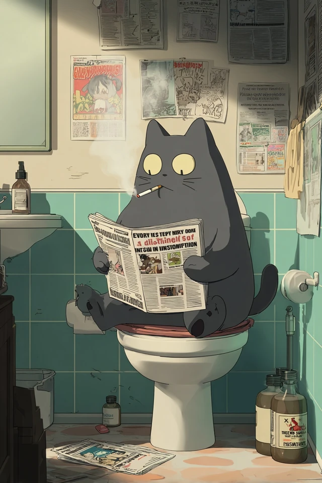 Anime Cat on Toilet Smoking and Reading