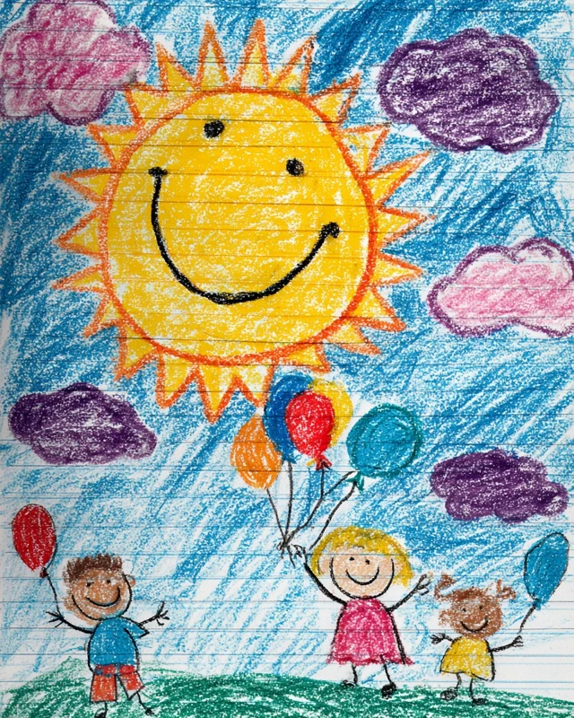 Childs Crayon Drawing Sunny Day Kids Balloons