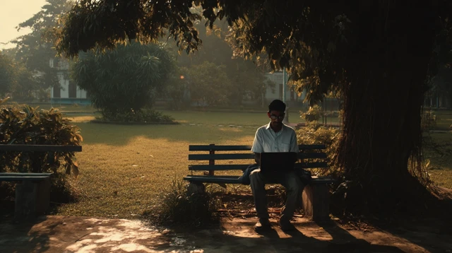Indian Man Coding Outdoors Cinematic Shot