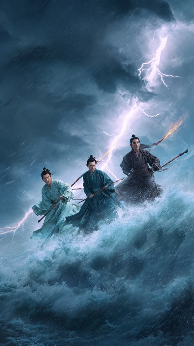 Chinese Wuxia Movie Still Men on Swords Stormy Sky
