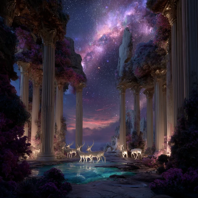 Mystical Ruins with Spirit Deer and Starry Sky