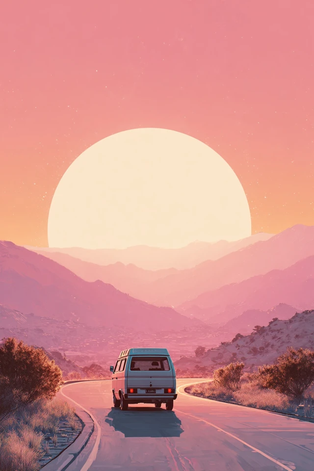 Retro Van Sunset Road Trip