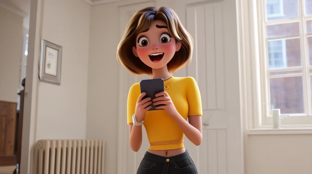 Joyful 3D Cartoon Girl Holding Smartphone