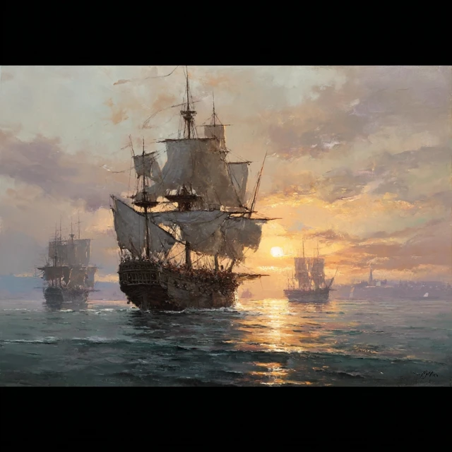 Spanish Ship Sailing at Sunrise Art Inspired by John Berkey