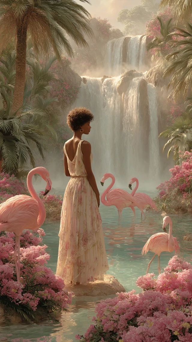 Flamingos Paradise A Serene Waterfall Tropical Scene