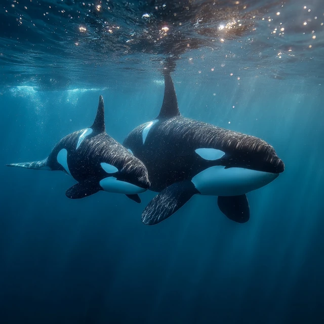 Orca Mother and Baby Underwater Scene