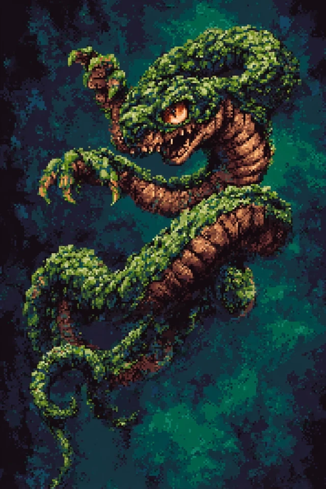 Pixel Art Snake Dynamic Pose Green Colors
