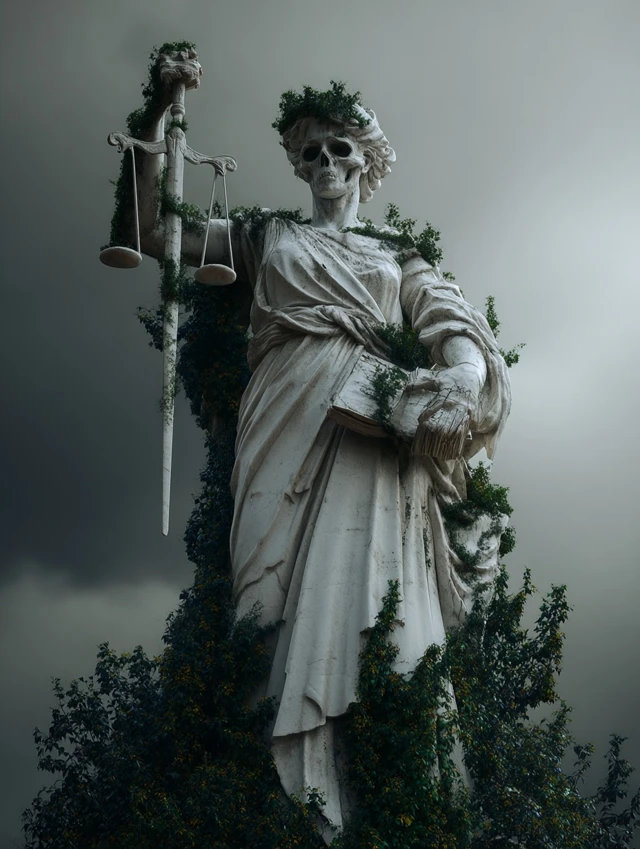 Decayed Justice Statue in a Wasteland