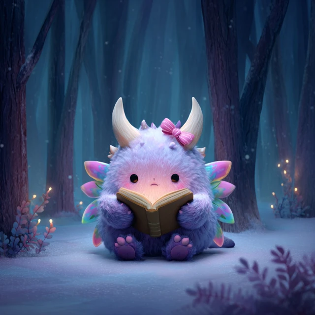 Cute Lilac Monster Reading in the Forest