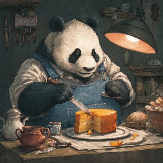 Panda Cutting Mango Cake Illustration