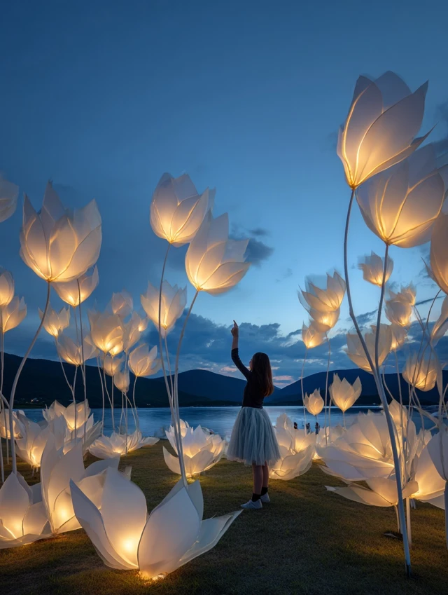 Glowing Petals Art Installation by Lakeside