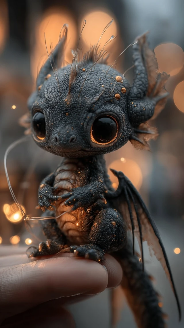 Adorable Tiny Black Dragon in Hand Fantasy Art