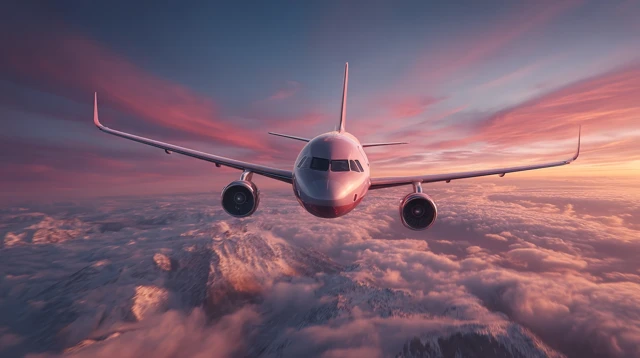 Airplane Flying Through Twilight Sky