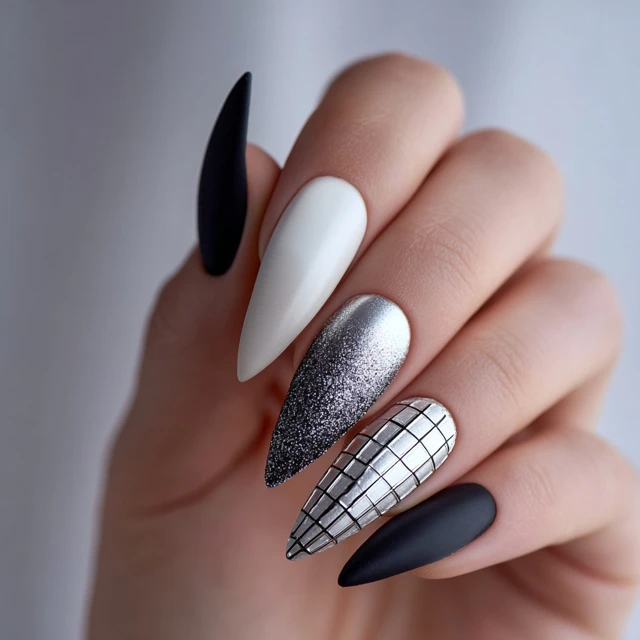 Sharp Nail Design Matte Black Pearl White Gradient