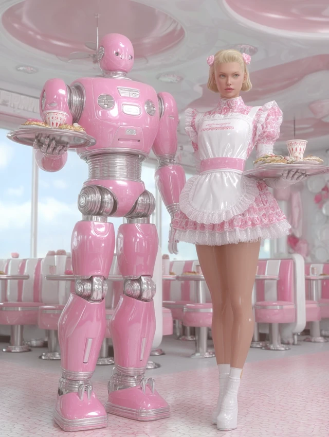 Retro Futuristic Diner Robots Pink Dream