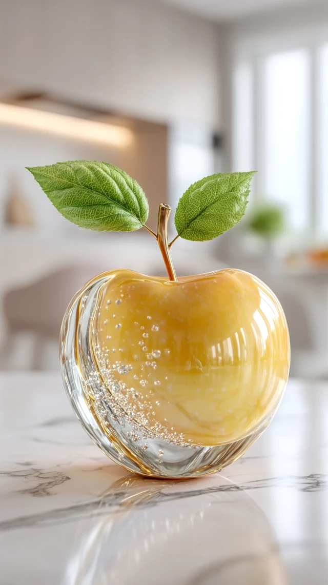 Glass Apple on Marble Table Hyper Realistic Image