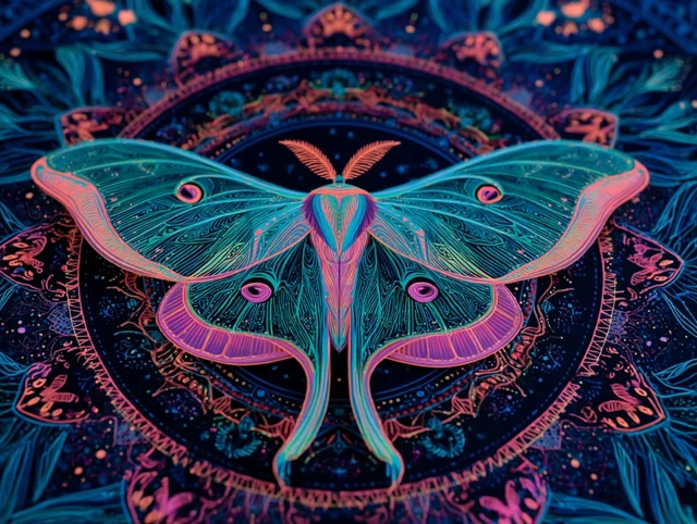 Luminous Moth Mandala Art Neon Colors and Glow