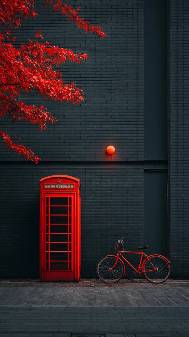 Red Telephone Booth and Bicycle Urban Scene