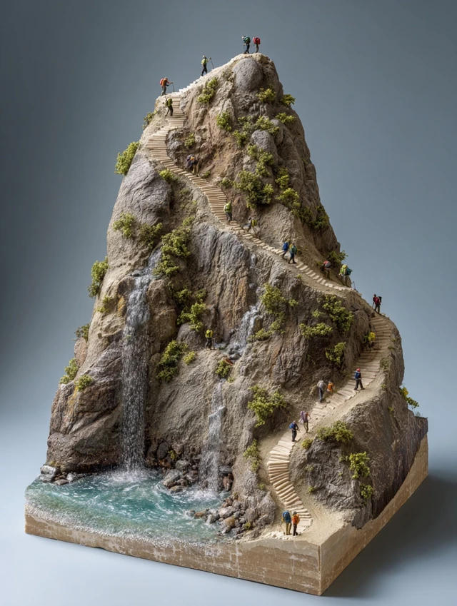 Microscopic Mountain Scene Hikers Climbing