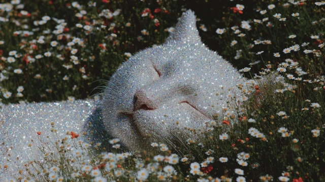 Robot Cat in a Flower Field Metallic Surreal Photo