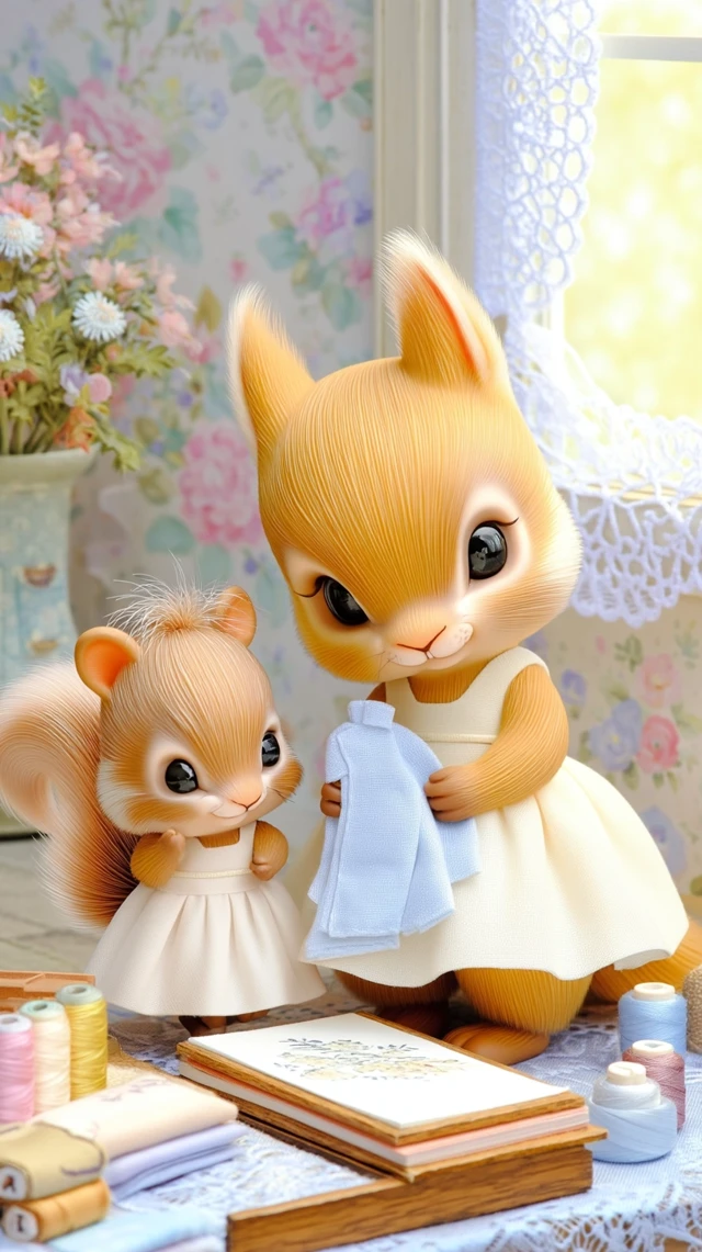 Cute Squirrels and Hedgehog in a Sewing Shop
