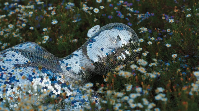 Robot Cat in a Flower Field Metallic Surreal Photo