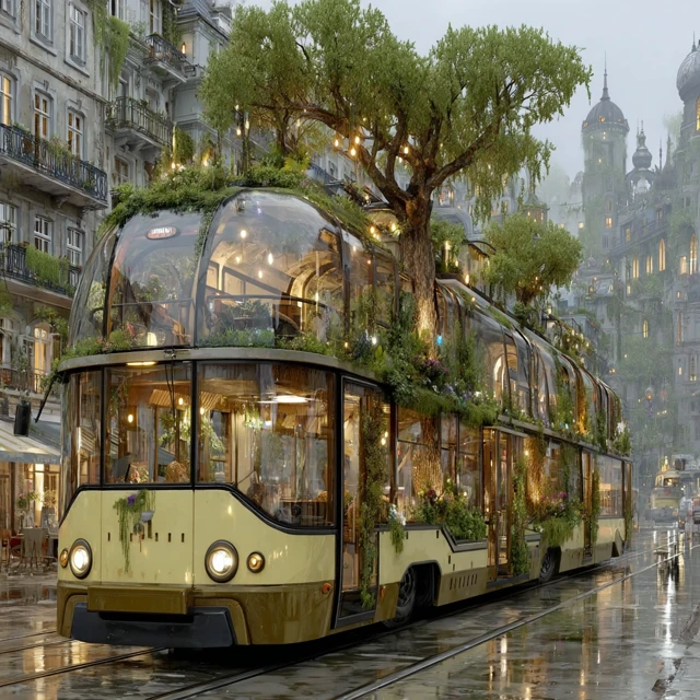 Futuristic Bus with Greenery in a Fantasy Cityscape