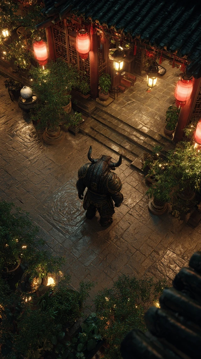 Chinese Monster Bull Head in Ancient Courtyard