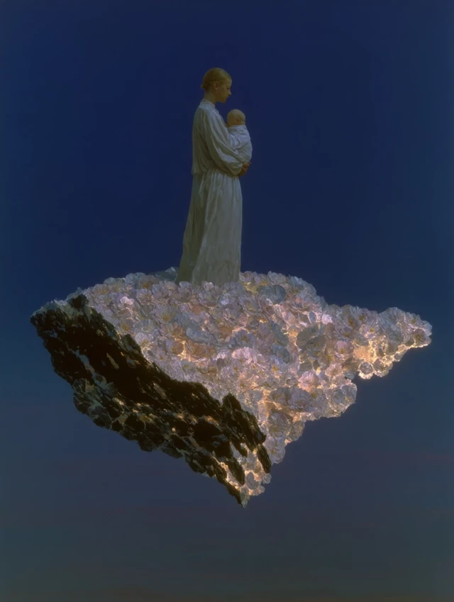 Dreamlike Image of Father and Child on Floating Island