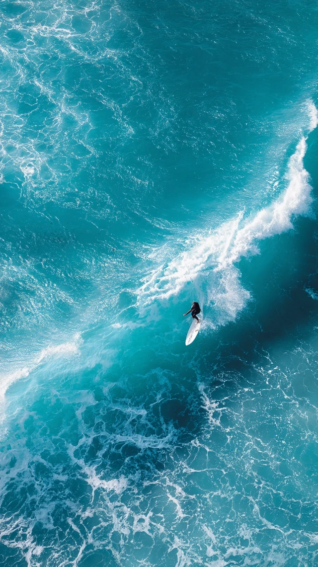 Surfer Riding Wave Aerial View Ocean Blue Wallpaper
