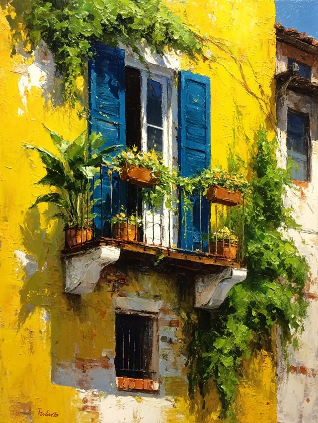 Italian Mediterranean Balcony Oil Painting
