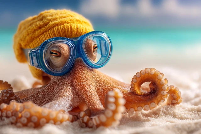 Playful Octopus on Beach with Swim Cap and Goggles