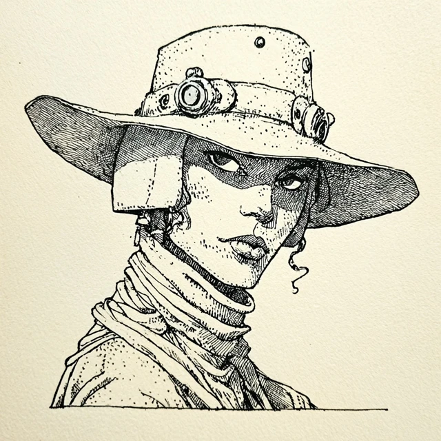 Tough Looking Bearded Man Smoking Pen and Ink Art